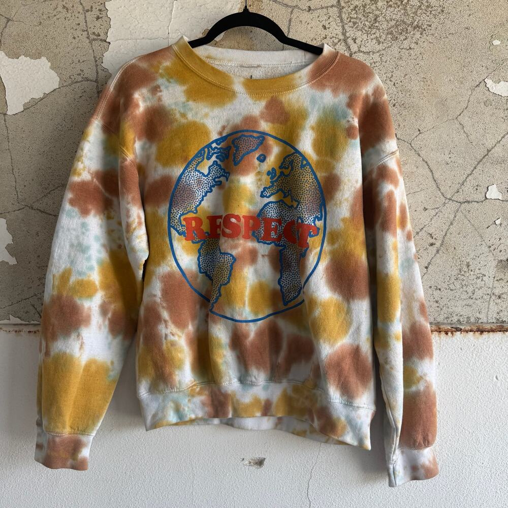 Graphic Sweatshirt Womens M Respect Earth Globe Pullover Retro Tie Dye Festival